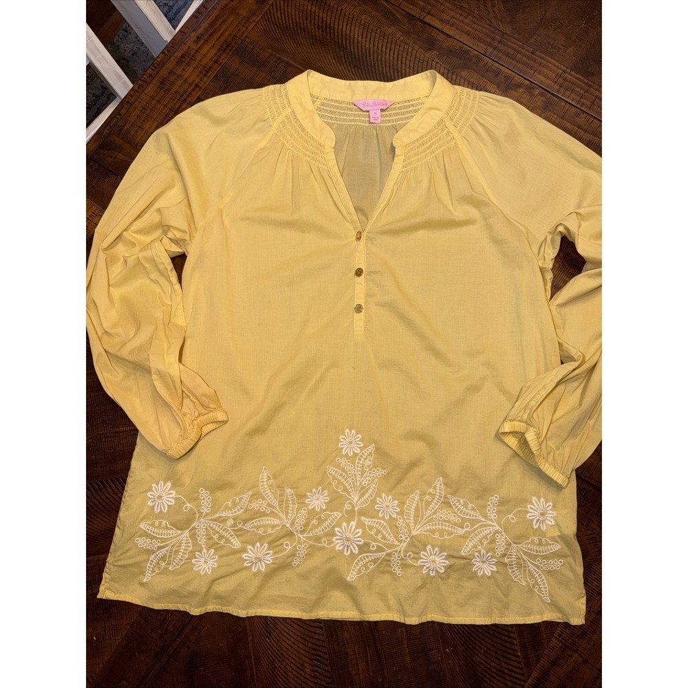 Lilly Pulitzer Womens M Tunic Top Yellow Embroidered Long Sleeved Button Prairie